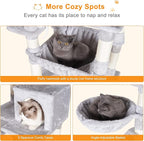 Heybly Cat Tree, 70 inches Tall Cat Tower Condo with Toy for Indoor Large Cats, Cat House Furniture with Padded Plush Perch, Cozy Hammock and Sisal Scratching Posts, Light Gray HCT032W