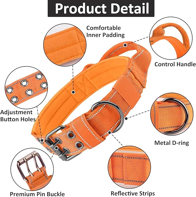 Tactical Dog Collar with Control Handle, Military Adjustable Pet Collar Reflective Heavy Metal Buckle Dog Collar, Soft Nylon Training Collar for Medium Large Dogs (Orange, Large)