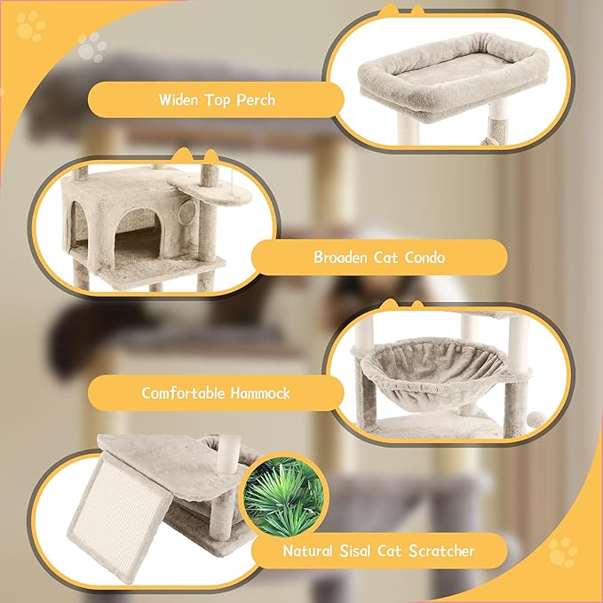 Cat Tree, 66 Inches Modern Cat Tower for Indoor Cats, Multi-Level Tall Cat Tree for Large Cats with Sisal-Covered Scratching Posts, Padded Platform, Hammock, and Condo, Beige