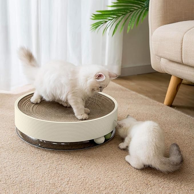 3-in-1 Cat Scratcher Toy with Track Ball, Round Cardboard Cat Scratcher Lounge & Bed, Interactive Cat Toy for Indoor Cats, Durable Scratching Pad with 2 Spinning Balls