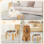 Elevated Slow Feeder Dog Bowl - Ceramic Food Dish with Bamboo Stand - Raised Maze Design - Ideal for Medium to Large Dogs - Milky White - 8.4 inch