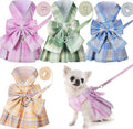 4 Pcs Cute Plaid Dog Dress Set with Bow Tie Harness & Leash for Small Dogs, Puppy Clothes for Girls Outfits(S,Light Color)