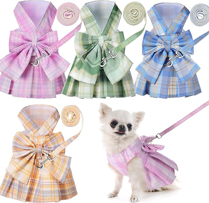 4 Pcs Cute Plaid Dog Dress Set with Bow Tie Harness & Leash for Small Dogs, Puppy Clothes for Girls Outfits(XS,Light Color)