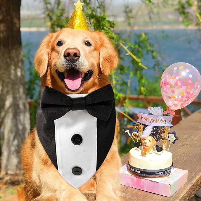 Dog Tuxedo Bandana Collar with Bow Tie, Adjustable Formal Suit Costume for Small Medium Large Dogs, Wedding Engagement Birthday Pet Outfit (Medium)