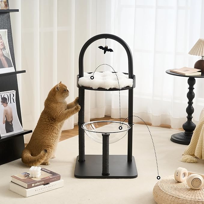 Modern Cat Tree, Wood Cat Tower with Steel Frame, Scratching Posts, Cat Capsule, Plush Mat, Bell Dangling Toy, Aesthetic Minimalist Heavy-Duty Cat Climbing Tree for Large Indoor Adult Cats-Black