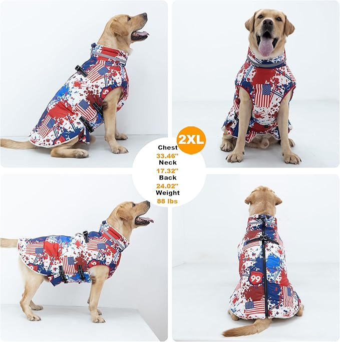 Mklhgty Large Dog Coat with Harness Built-in, Waterproof Reflective Fleece Lined - Warm Windproof Winter Jacket with Back Zipper, Cold Weather Snow Dog Coats - American Flag - XL
