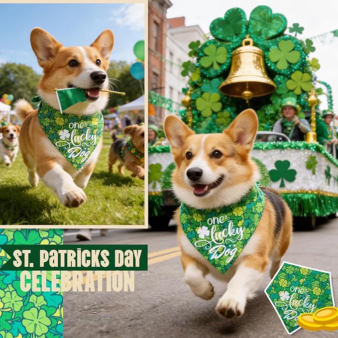 Dog Bandana for St. Patricks Day 2-in-1 Reversible - One Lucky Dog & 4-Leaf Clover Design, Pet Scarf with Snap Button Cute Lucky Holiday Costumes, Medium & Large Breeds (30-75lbs)