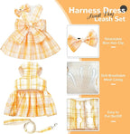 PETCARE Cute Dog Dress Clothes for Small Dogs Cats Girl Female Yellow Plaid Bow Tie Dog Harness Dresses Leash Set with Pearls Bow Accessories Birthday Puppy Dress Shih Tzu Yorkies Chihuahua Outfits
