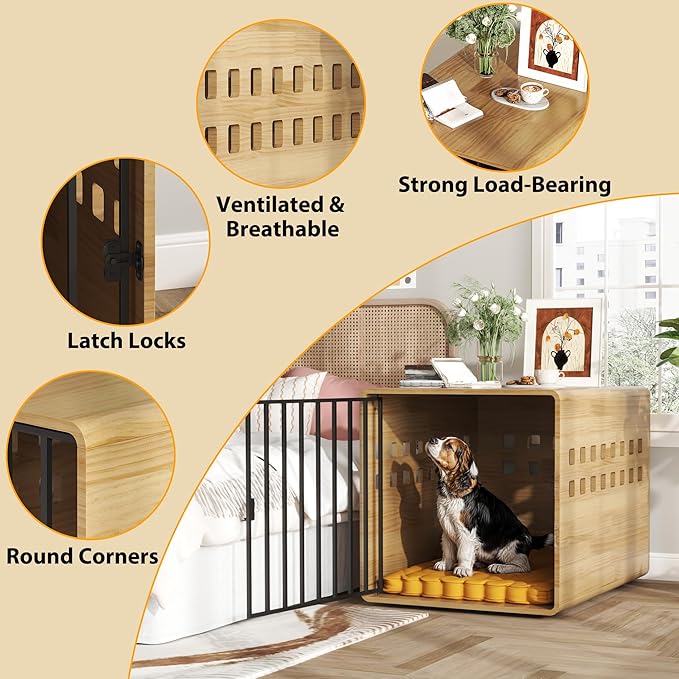 Wooden Puppy Crates for Small Dogs, Pinewood 30 inch Small Dog Crate Kennel Indoor Cage Furniture Heavy Duty, Pet House End Table for Bedroom, Living Room, Natural