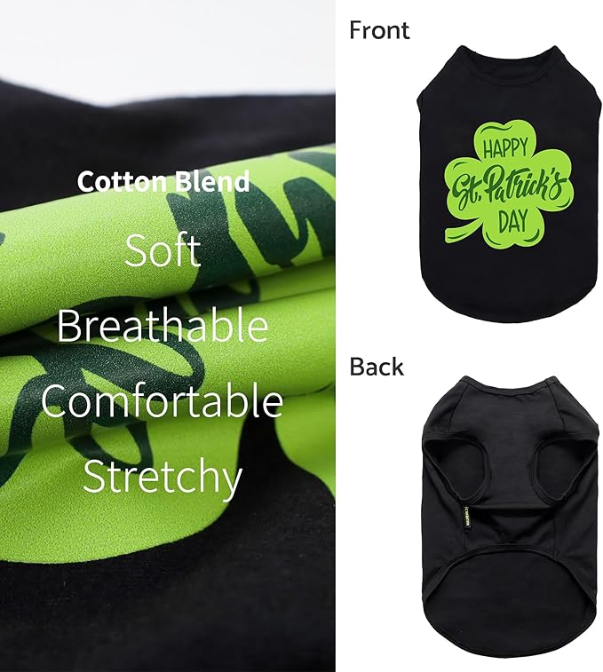 Fitwarm Happy St Patricks Day Dog Clothes, Summer Dog Clothes for Small Dogs Boy Girl, Funny Dog Tshirt, Lightweight Breathable Cotton, Pet Cat Outfit, Black, Green, XXL