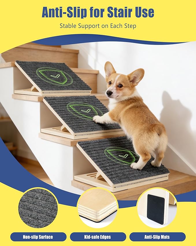 Anti-Slip Dog Steps for Stairs, 6 Pack Foldable Wooden Pet Ramp for Small Dogs, Low-Angle Stair Support for Senior, Injured, Short-Legged & Mobility-Limited Pets