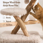 33" Modern Cat Tree for Indoor Cats, Aesthetic Natural Wood Cat Tower with Branch-Style Scratching Posts, Luxury Plush Faux Fur Cat Bed with Natural Loft, Perch & Hanging Ball, Almond Khaki