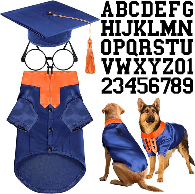 5 Pcs Dog Graduation Costume Set Include 2026 Pet Graduation Gown with Stole Puppy Grad Cap Lensless Glasses DIY Letter Stickers for Dogs Cats Holiday Costume Accessory(Blue Orange,XXL)