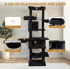 68 Inch Multi-Level Large Cat Tree - Sisal Scratching Posts & Removable Cushions, Cozy Hammock and Comfortable Hideaway, Tall Cat Tower for Indoor Cats (Black + Particle Board)