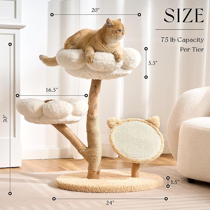 797Audio Natural Wood Flower Cat Tree, Modern Cat Tower with Real Solid Wood Branch, Luxury Aesthetic Cat Tree with Scratching Post, Scratch Pad, Cat Tree Tower for Indoor Large Adult Cats,Cloud White