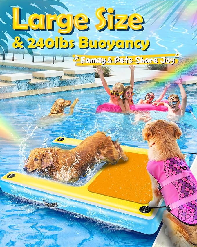 Inflatable Dog Pool Water Ramp – 60"x40" Extra Large Boat Ramp for Dogs Up to 240 lbs, Non-Slip Puncture-Resistant Floating Dock Platform, Water Ladder for Lakes, Pools, Boats & Oceans