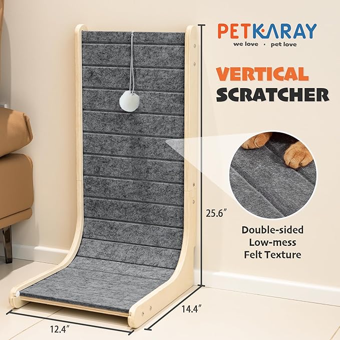 PETKARAY Felt Cat Scratcher, Vertical Cat Scratching Carpet, Scratch Resistant Couch Felt Scratcher, Slot-Free Scratch Pad with Toy Ball, Dark Grey