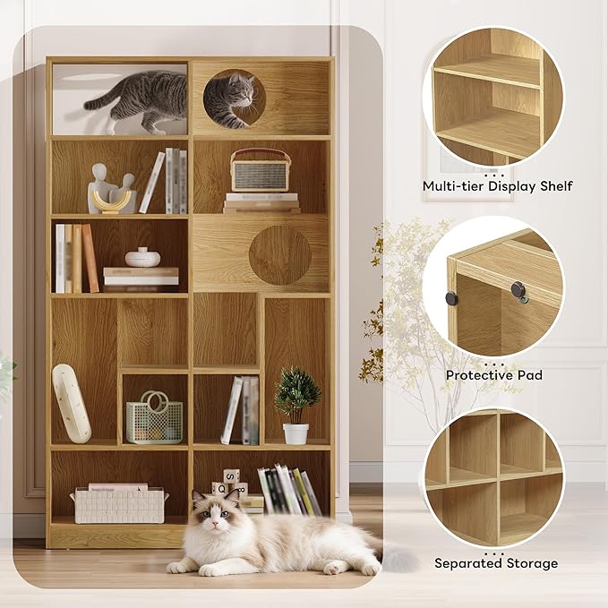 Bookcase Wooden Cat Tree, Natural Color Bookshelf Indoor Cat House Pet Furniture, Display Case with Storage, Cat Litter Box Enclosure Climbing Shelf