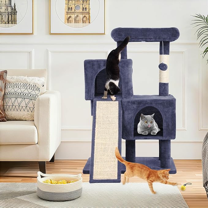 Cat Tree Tower, 36 Inches Cat Condo Houseswith Scratching Posts, Ramp, Plush Perch & 2 Spacious Condos, Stable for Multiple Cats Kittens House & Small Room(Dark Grey)