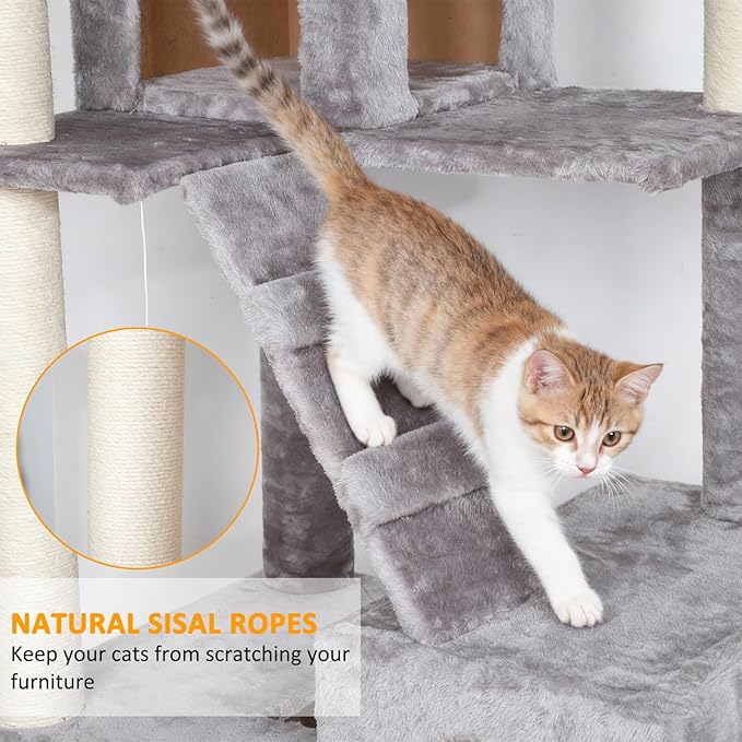 Extra Large Platform Cat Tree 69in Sturdy Cat Scratching Tree for Indoor Cats Large Adult Big Cat Perch Tower with 3 Padded Perches 5 Scratching Posts Cat Condo Hammock Gray