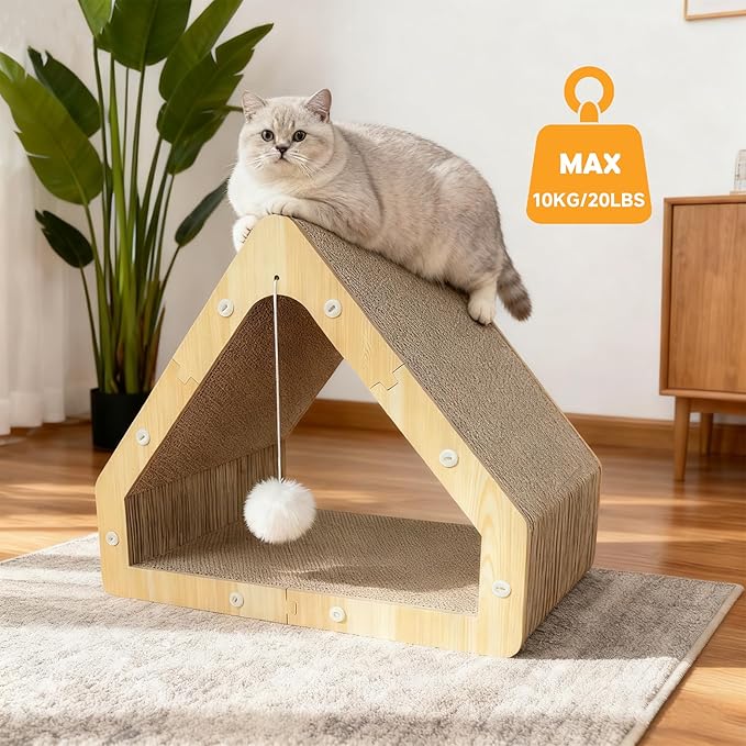 Cat Scratcher House with Hanging Ball - Cozy Corrugated Cardboard Cat Scratching Pad for Indoor Cats/Kittens, Stable Structure & Eco-Friendly