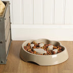 Gibson Home Curious Canines 9” Slow Feeder Dog Bowl, Paw Shaped Melamine Anti-Gulp Pet Bowl, Non-Slip, Dishwasher Safe, Taupe