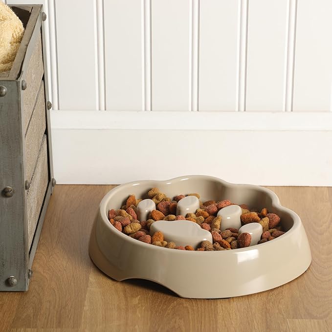 Gibson Home Curious Canines 9” Slow Feeder Dog Bowl, Paw Shaped Melamine Anti-Gulp Pet Bowl, Non-Slip, Dishwasher Safe, Taupe