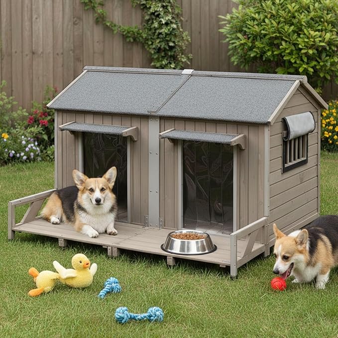 59''L Extra Large Dog House with 2 Doors, Wooden XL Dog House Outdoor Weatherproof with Chew-Proof Iron Frame, Openable Roof, 2 Windows, Indoor Doghouse Pet Shelter Fits Small to Middle Dogs