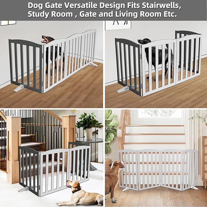 Freestanding Dog Gate Indoor,Doggie Gate Foldable Pet Gates for Doorways,Stairs or Hallways, Wooden Grey Pet Gate for the House, Pet Fence with Support Feet Included,32 "Height-2 Panels