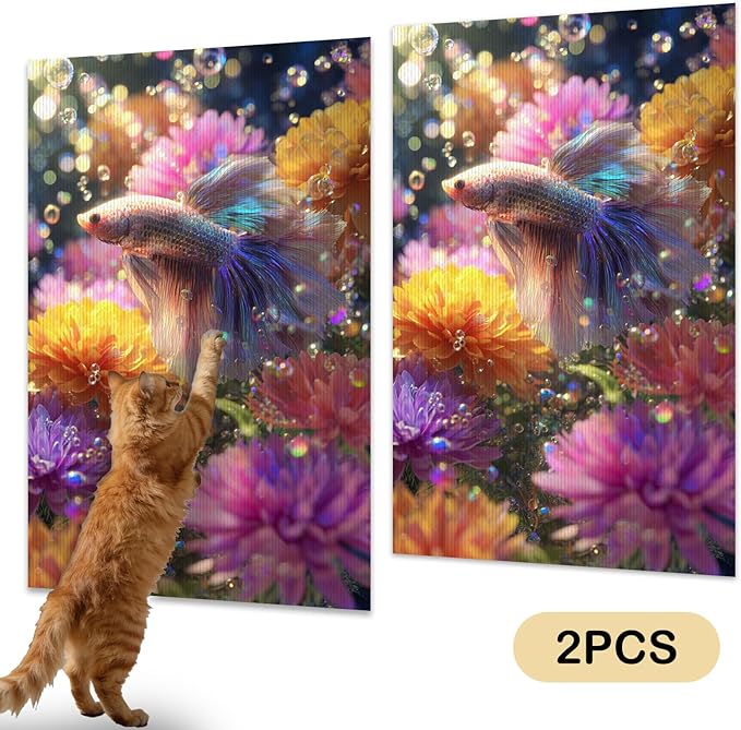 Nuxovilar Cat Scratching Mat 15.3x23.6 Inches Polyester Synthetic Fiber, Colorful Betta Fish & Flowers Print, wall cat Scratcher, Scratch pad, Home Decor, Fish Tank Area, Bedroom (2pcs)