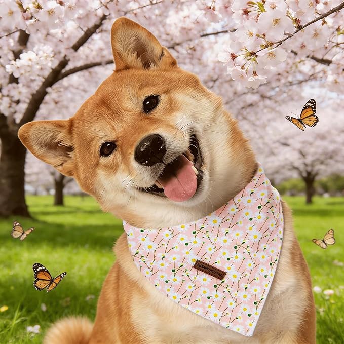 Elegant little tail Dog Bandana, Pink Rose 1PC Washable Dog Scarf Female or Male Square Bib Kerchief Scarf Adjustable Pet Bandana for Medium Large Dogs