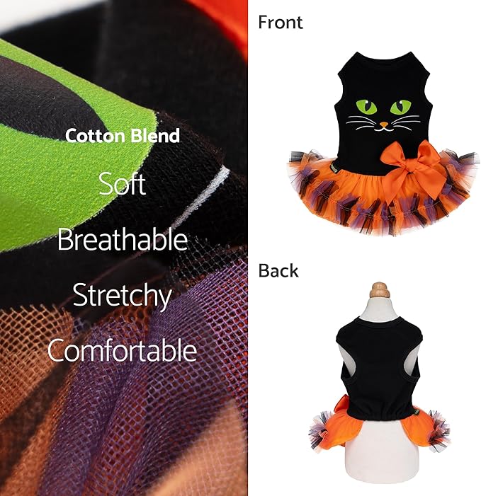 Fitwarm Halloween Cat Face Dog Dress, Funny Halloween Costumes for Small Dogs Girl, Pet Apparel, Black, Orange, Purple, Green, Small