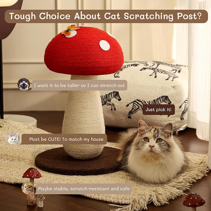 Cat Scratching Post Full Sisal Wrap Cat Tree Cute Mushroom Cat Tower Scratcher for Indoor Cats 19.7Inch