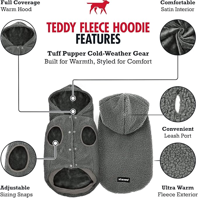 Tuff Pupper Fleece Dog Hoodie Sweater | Teddy Sherpa Outer & Soft Polar Fleece Lining | Adjustable Fit Winter Coat with Hood, Leash Hole, Ribbed Cuffs | for Small Medium Large XL XXL Dogs (Grey, M)
