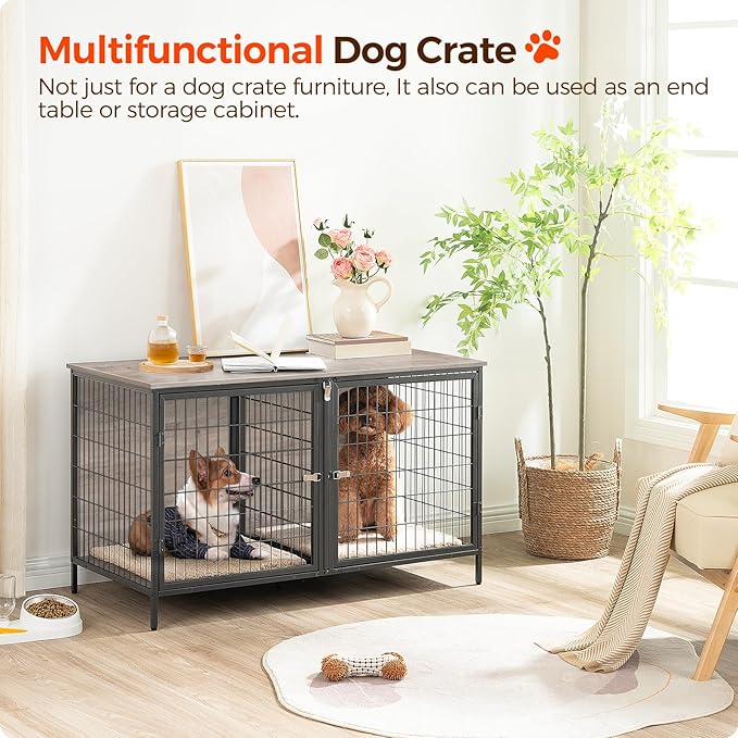 Dog Crate Furniture for 2 Dogs, 43.3" Dog Kennel with Removable Divider, Heavy Sturdy Dog Furniture Style Double Cage for Small Medium Dog, Indoor Pet House End Table, Greige DCHG1201