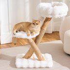HITTITE Natural Solid Wood Cat Tree Tower with Scratching Post, 32 Inches Tall Modern Cat Tower with Cozy Bed and Platforms, Luxury Real Branch Cat Tree for Indoor Cats Large Adult, White.
