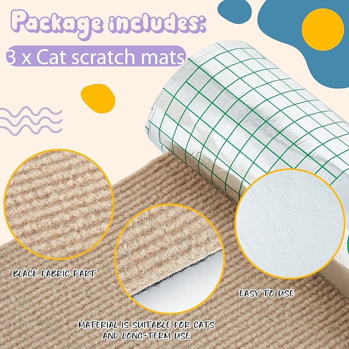 Qinyoung 3 Pcs Cat Scratch Mat 11.8 x 23.6 Inches Cat Scratching Post Carpet Cover Adhesive Replacement Cat Scratch Pad Wall Cat Scratcher Cat Carpet Protector for Couch Furniture Corner Cat Tree