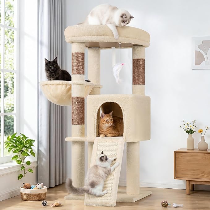 Globlazer 45" Cat Tree for 2-3 Medium Cats, Multi-Level Cat Tower with Scratching Board for Kittens and Senior Cats, Condo & Hammock Space Saving Cat Tower, F45, Beige
