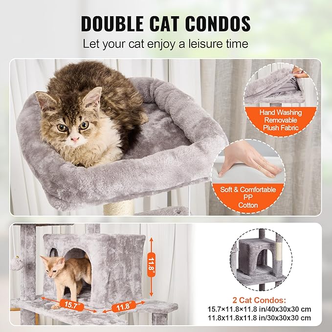 Happybuy Cat Tree for Indoor Cats, 68.5" Cat Tower with 2 Cat Condos, Sisal Scratching Post, Hammock, Top Perch, Jumping Platforms, Large Cat Furniture Activity Center with Hang Ball, Light Grey