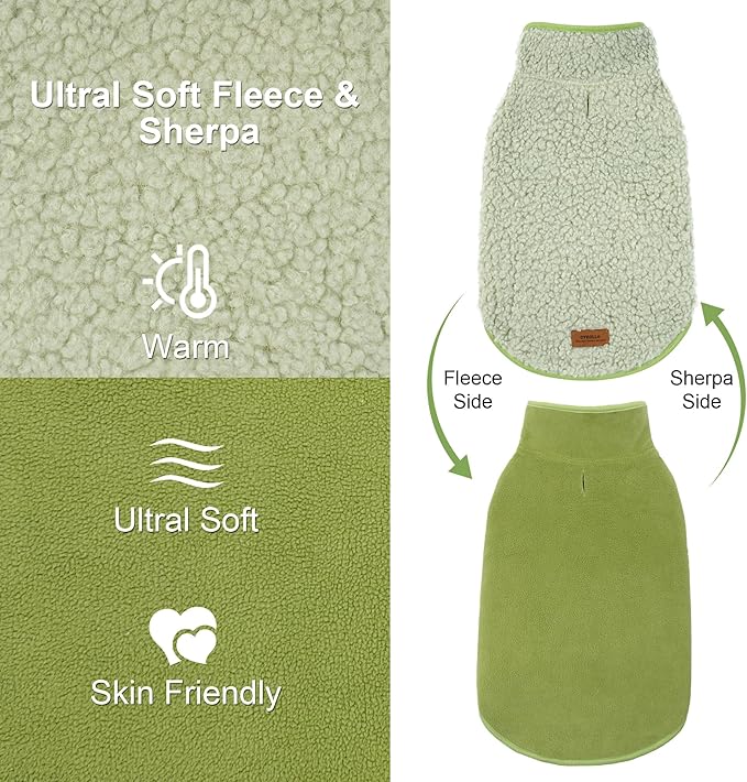 cyeollo Warm Dog Coat Fleece Sherpa Winter Sweater Coats, Turtleneck Dog Jacket Vest for Small Medium Large Dogs with Leash Hole, Soft Reversible Pet Coats for Cold Weather, Green, S