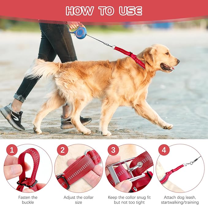 Adjustable No Pull Dog Collar - Heavy Duty Martingale Slip Collar with Reflective Widened Nylon & Metal Buckle for Training Walking Hunting (Small/Medium/Large Dogs),Red,L