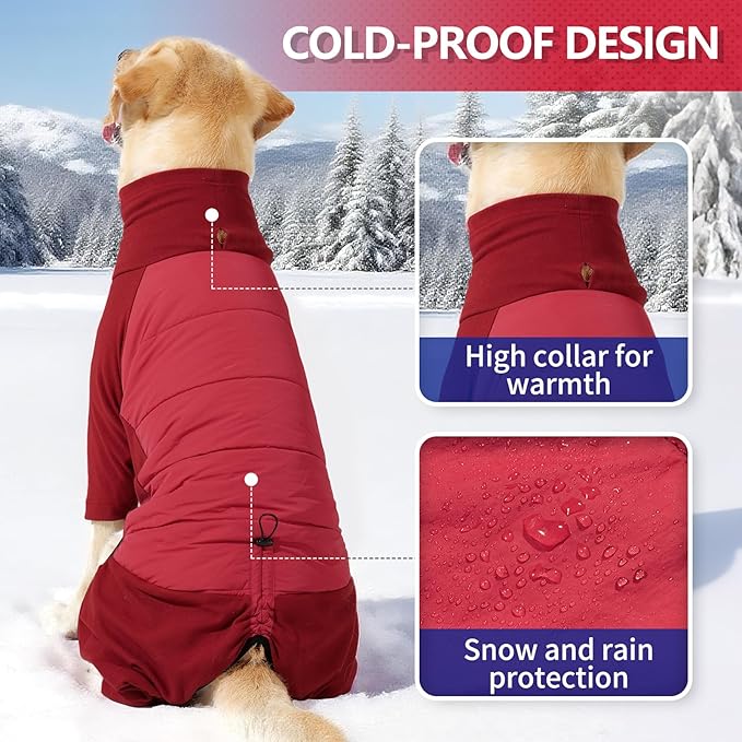BRKURLEG Full Body Dog Winter Coat Warm Fleece Pullover Pajamas, Four Legs Covered Windproof Dog Jacket for Small to Large Dogs, Turtleneck Dogs Snowsuit, Pet Cold Weather Clothes, Red XL