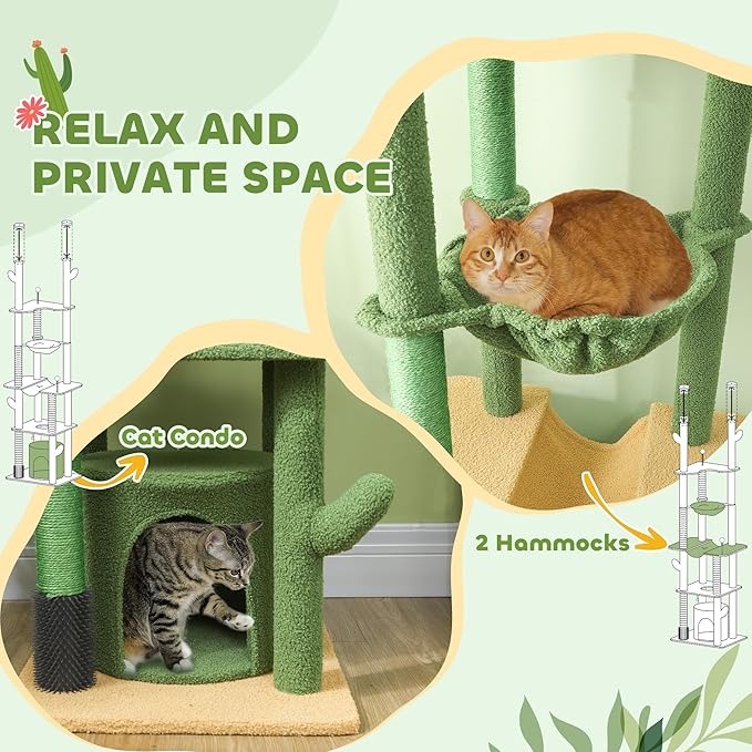 PawHut Floor to Ceiling Cat Tree, 89"-100" Adjustable Height Cactus Cat Climbing Tower for Indoor Cats with Grooming Brush Post, Cat Condo, Hammock, Sisal Scratching Posts, Green