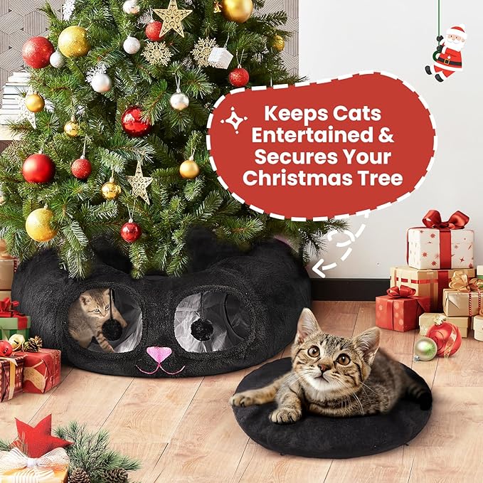 Baseola Cat Tunnel Bed for Indoor Cats, Peekaboo Cat Cave with Washable Soft Play Mat, Furry Cat Tube, for Kitten/Puppy/Rabbit, Kitten Series Black Pink