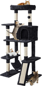 Topeakmart 63in Cat Tree, Large Cat Tower Furniture w/Cat Condo, Padded Platform & Sisal-Covered Scratching Post, Stable Cat Tower Pet Play House, Black