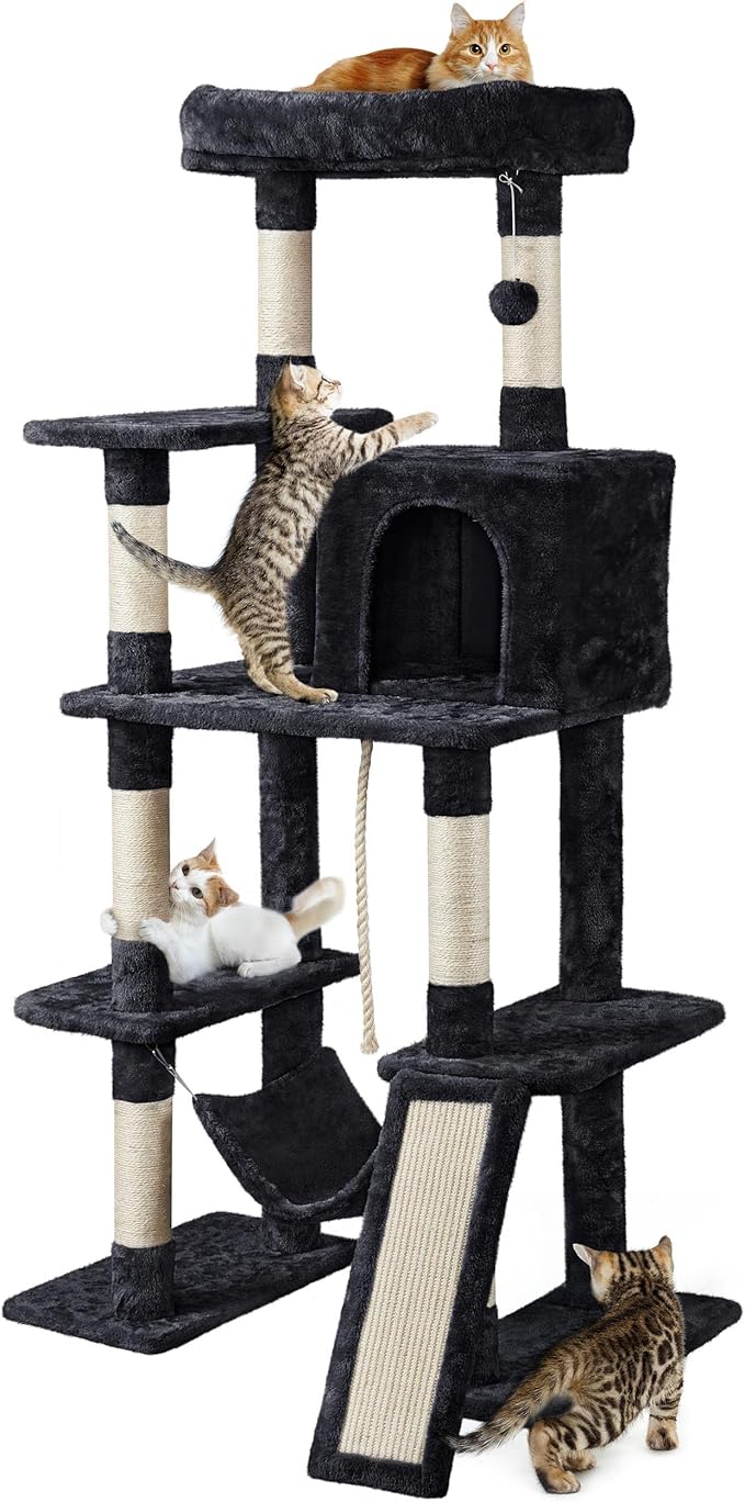Topeakmart 63in Cat Tree, Large Cat Tower Furniture w/Cat Condo, Padded Platform & Sisal-Covered Scratching Post, Stable Cat Tower Pet Play House, Black