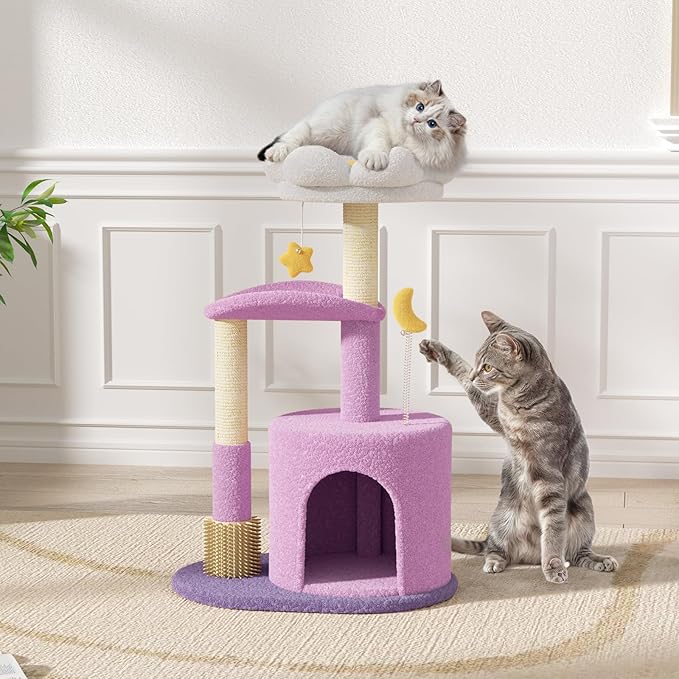 Magshion 33" Flower Cat Tree for Indoor Cats, Compact Cat Tower with Condo, Scratching Posts, Flower Perch & Dangling Toys for Kittens & Small Cats, Cute Cat Furniture Stand, Purple