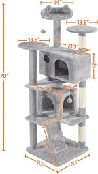 Topeakmart 70in Cat Tree, Multi-Level Cat Tower with Scratching Post Dangling Ball and Condos Cat Furniture for Indoor Cats, Light Gray