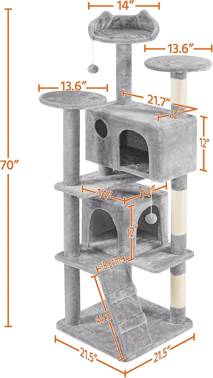 Topeakmart 70in Cat Tree, Multi-Level Cat Tower with Scratching Post Dangling Ball and Condos Cat Furniture for Indoor Cats, Light Gray