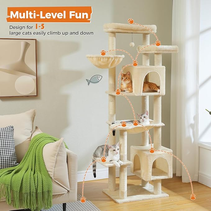 PETEPELA 69" Tall Cat Tree for Indoor Large Cats, Cat Tower for Adult Cats with Super Big Hammock, Cat Climbing Tree Tower with Scratching Posts, Condo House and Large Top Perch, Beige